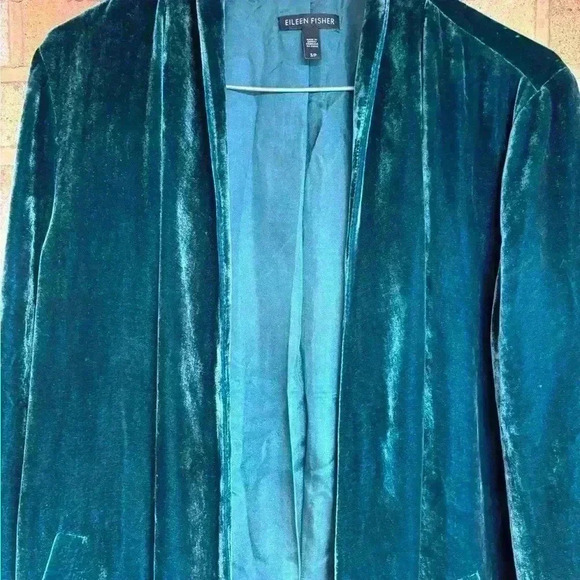 Eileen Fisher angled front long sleeve open front rayon silk blend velvet jacket - Picture 6 of 10